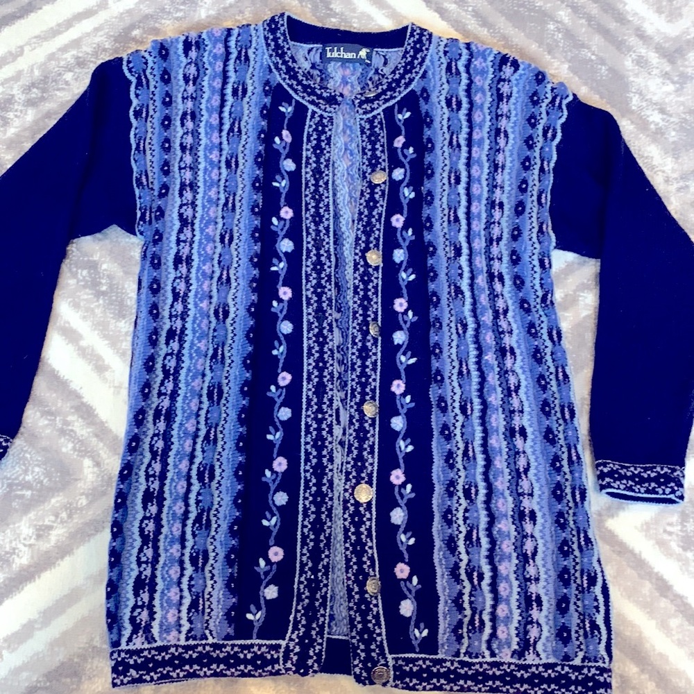 Tulchan Pure Wool Floral Nordic fair isle Sweater Cardigan VTG silver button S/M